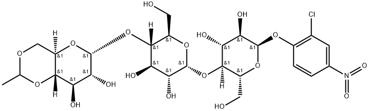 2-氯-4-硝基苯基 O-4,6-O-亚乙基-ALPHA-D-吡喃葡萄糖基-(1-4)-O-ALPHA-D-吡喃葡萄糖基-(1-4)-ALPHA-D-吡喃葡萄糖苷 结构式