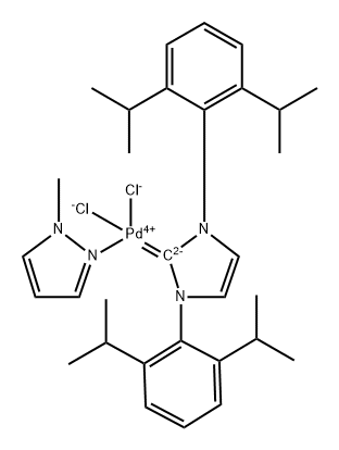 钯，[1,3-双[2,6-双(1-甲基乙基)苯基] -1,3-二氢-2H-咪唑-2-亚甲基]二氯(1-甲基-1H-吡唑-κN2)- ，(SP-4-1)- 结构式