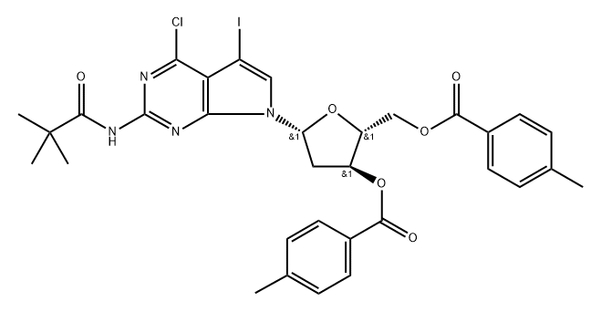 化合物 2-AMINO-4-CHLORO-5-IODO-N2-PIVALOYL-7-[2-DEOXY-3,5-DI-O- (4-METHYLBENZOYL)-B-D-RIBOFUANOSYL]-7H-PYRROLO[2,3-D]PYRIMIDINE 结构式