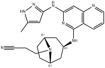 3-((1R,3S,5S)-3-((7-((5-Methyl-1H-pyrazol-3-yl)amino)-1,6-naphthyridin-5-yl)amino)-8-azabicyclo[3.2.1]octan-8-yl)propanenitrile 结构式