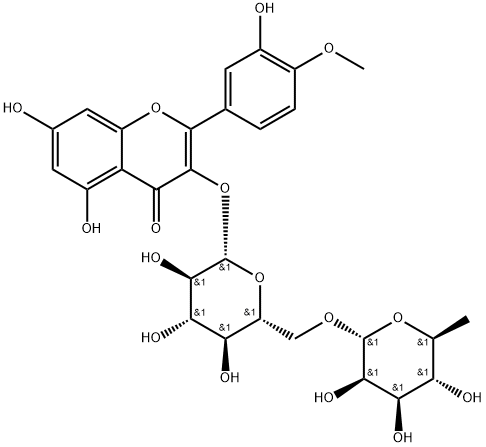 4H-1-Benzopyran-4-one, 3-[[6-O-(6-deoxy-α-L-mannopyranosyl)-β-D-glucopyranosyl]oxy]-5,7-dihydroxy-2-(3-hydroxy-4-methoxyphenyl)- 结构式