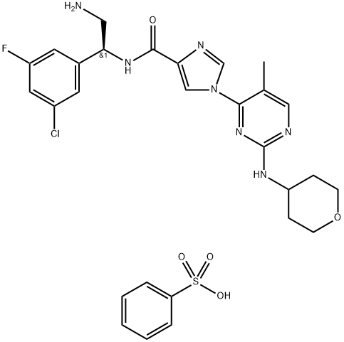 1H-Imidazole-4-carboxamide, N-[(1S)-2-amino-1-(3-chloro-5-fluorophenyl)ethyl]-1-[5-methyl-2-[(tetrahydro-2H-pyran-4-yl)amino]-4-pyrimidinyl]-, compd. with benzenesulfonate (1:1) 结构式