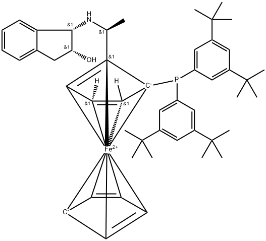 Ferrocene, 1-[bis[3,5-bis(1,1-dimethylethyl)phenyl]phosphino]-2-[(1S)-1-[[(1S,2R)-2,3-dihydro-2-hydroxy-1H-inden-1-yl]amino]ethyl]-, (1S)- 结构式
