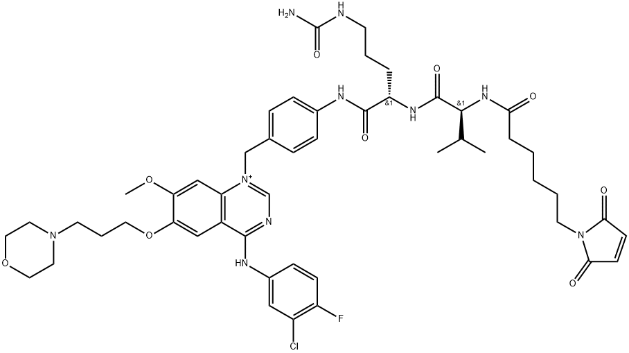 L-Ornithinamide, N-[6-(2,5-dihydro-2,5-dioxo-1H-pyrrol-1-yl)-1-oxohexyl]-L-valyl-N5-(aminocarbonyl)-N-[4-[[4-[(3-chloro-4-fluorophenyl)amino]-7-methoxy-6-[3-(4-morpholinyl)propoxy]quinazolinium-1-yl]methyl]phenyl]- 结构式