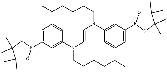 OC1051, 	 5,10-二己基-2,7-双(4,4,5,5-四甲基-1,3,2-二氧杂硼戊烷-2-基)-5,10-二氢吲哚并[3,2-B]吲哚 结构式
