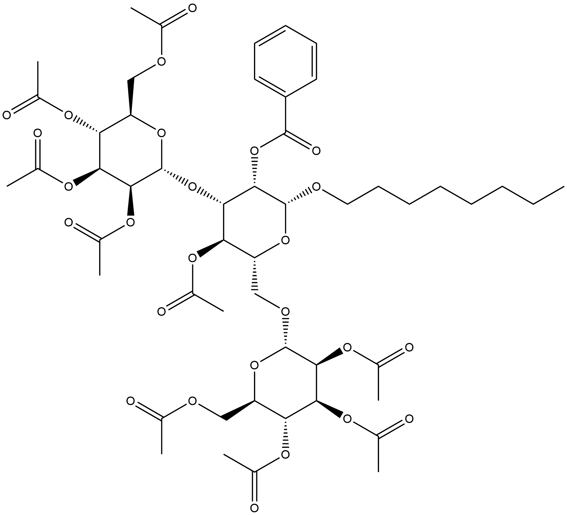 β-D-Mannopyranoside, octyl O-2,3,4,6-tetra-O-acetyl-α-D-mannopyranosyl-(1→3)-O-[2,3,4,6-tetra-O-acetyl-α-D-mannopyranosyl-(1→6)]-, 4-acetate 2-benzoate 结构式