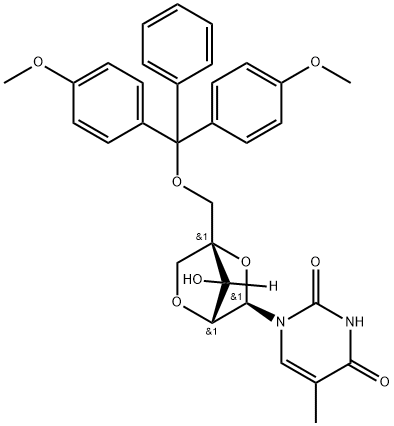 1-[5'-O-(4,4'-Dimethoxytrityl)-2-O,4-C-methylene-beta-D-ribofuranosyl]-5-methyluracil 结构式