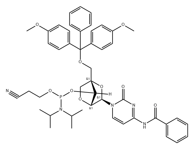 Cytidine, N-benzoyl-5'-O-[bis(4-methoxyphenyl)phenylmethyl]-2'-O,4'-C-methylene-, 3'-[2-cyanoethyl bis(1-methylethyl)phosphoramidite] (9CI) 结构式