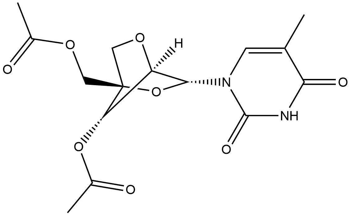 2,4(1H,3H)-Pyrimidinedione, 1-[3-O-acetyl-4-C-[(acetyloxy)methyl]-2,5-anhydro-α-L-lyxofuranosyl]-5-methyl- (9CI) 结构式