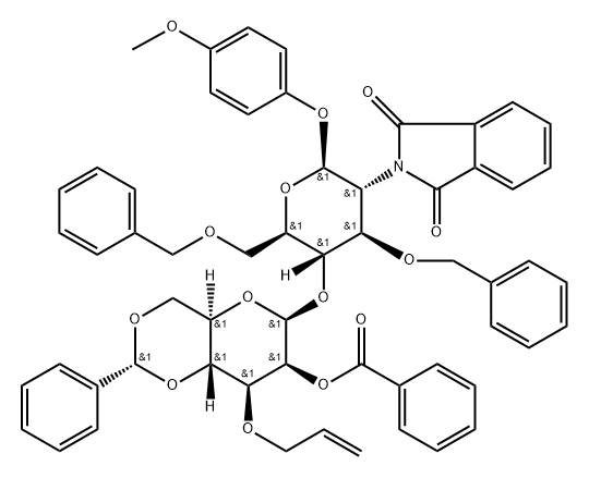 4-甲氧基苯基 4-O-[2-O-苯甲酰基-4,6-O-[(R)-苯基亚甲基]-3-O-2-丙烯-1-基-Β-D-吡喃甘露糖基]-2-脱氧-2-(1,3-二氢-1,3-二氧代-2H-异吲哚-2-基)-3,6-双-O-(苯甲基)-Β-D-吡喃葡萄糖苷 结构式