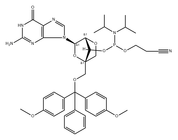 Guanosine, 5'-O-[bis(4-methoxyphenyl)phenylmethyl]-2'-O,4'-C-methylene-, 3'-[2-cyanoethyl bis(1-methylethyl)phosphoramidite] (9CI) 结构式