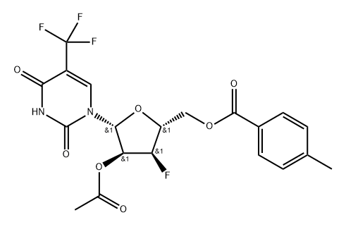 化合物 2'-O-ACETYL-5'-O-(P-TOLUOYL)-3'-DEOXY-3'-FLUORO-5-TRIFLUOROMETHYLURIDINE 结构式