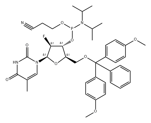 5'-O-DMTR-2'-氟-5-甲基-2'-脱氧阿糖尿苷-3'-[2-氰基乙基二异丙基氨基亚磷酸酯] 结构式