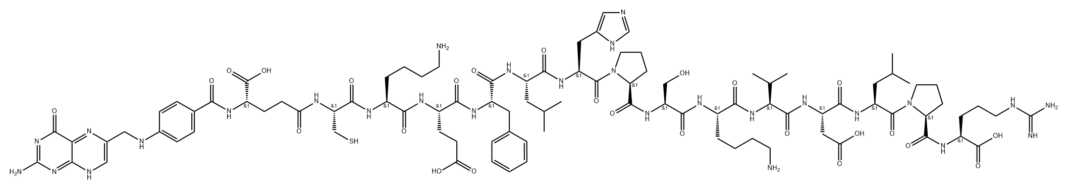 L-Arginine, N-[4-[[(2-amino-3,4-dihydro-4-oxo-6-pteridinyl)methyl]amino]benzoyl]-L-γ-glutamyl-L-cysteinyl-L-lysyl-L-α-glutamyl-L-phenylalanyl-L-leucyl-L-histidyl-L-prolyl-L-seryl-L-lysyl-L-valyl-L-α-aspartyl-L-leucyl-L-prolyl- 结构式