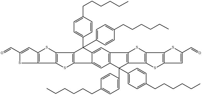 Bisthieno[2',3':4,5]thieno[2,3-d:2',3'-d']-s-indaceno[1,2-b:5,6-b']dithiophene-2,9-dicarboxaldehyde, 5,5,12,12-tetrakis(4-hexylphenyl)-5,12-dihydro- 结构式