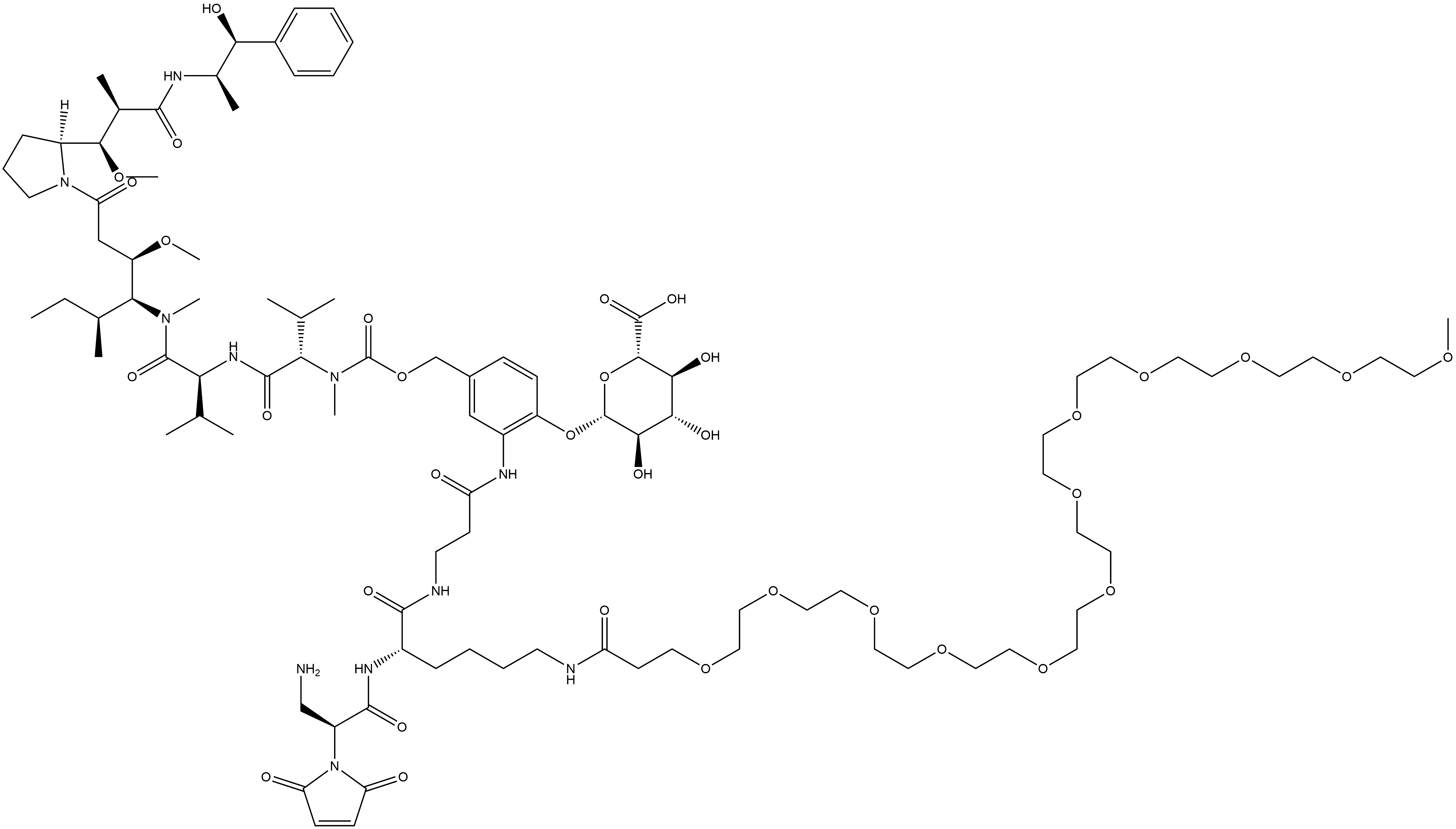 L-Valinamide, N-[[[3-[[(2S)-2-(2,5-dihydro-2,5-dioxo-1H-pyrrol-1-yl)-β-alanyl-N6-(1-oxo-4,7,10,13,16,19,22,25,28,31,34,37-dodecaoxaoctatriacont-1-yl)-L-lysyl-β-alanyl]amino]-4-(β-D-glucopyranuronosyloxy)phenyl]methoxy]carbonyl]-N-methyl-L-valyl-N-[(1S,2R)-4-[(2S)-2-[(1R,2R)-3-[[(1R,2S)-2-hydroxy-1-methyl-2-phenylethyl]amino]-1-methoxy-2-methyl-3-oxopropyl]-1-pyrrolidinyl]-2-methoxy-1-[(1S)-1-methylpropyl]-4-oxobutyl]-N-methyl- 结构式