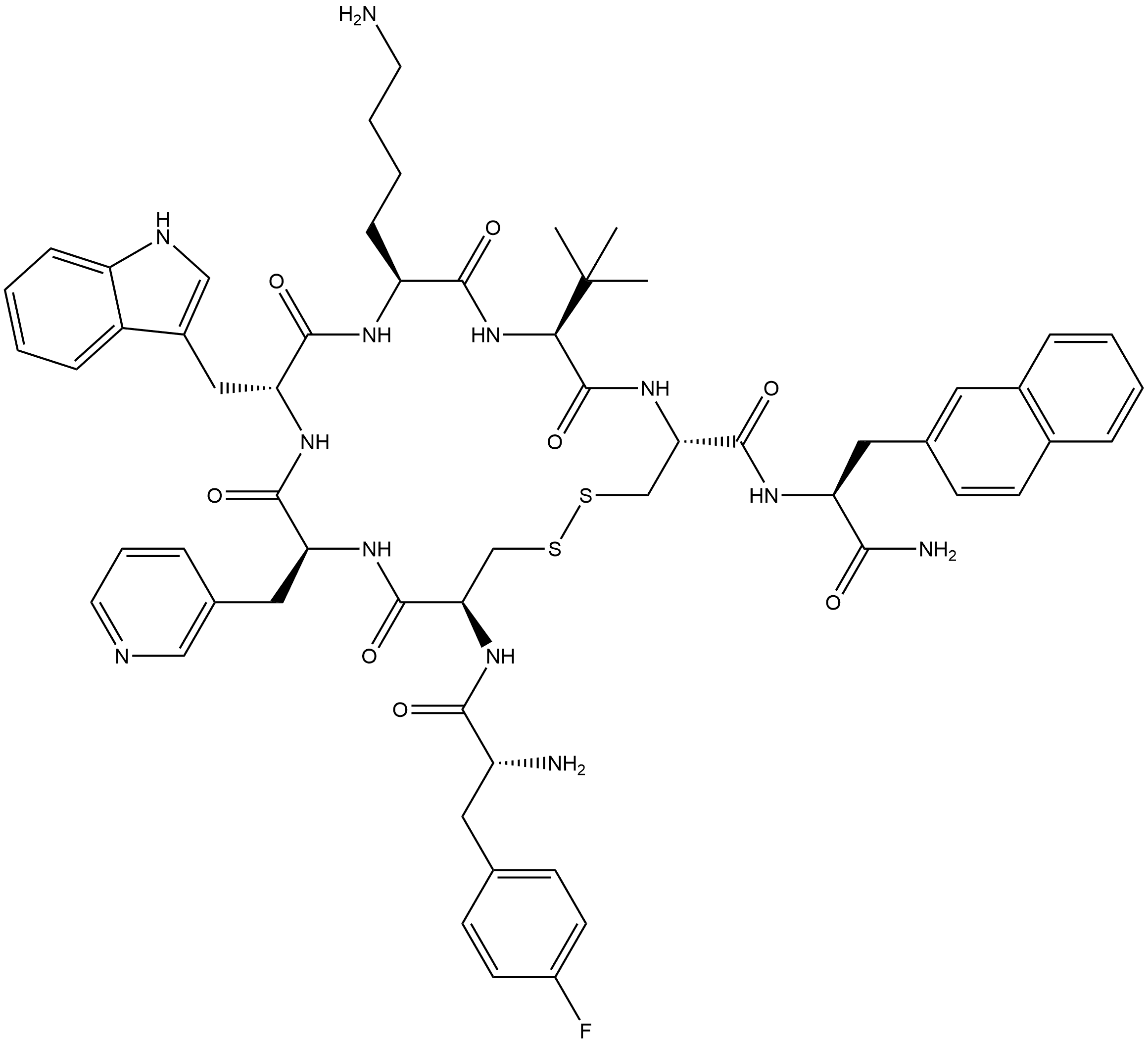 (4-Fluoro)-L-Phenylalanyl-D-Cysteinyl-(3-Pyridyl)- L-Alanyl-D-Tryptophyl-L-Lysyl-(3-Methyl)-L-Valyl-L-Cysteinyl-(2-Naphthyl)-L-Alaninamide Cyclic (2-7)- Disulfide 结构式