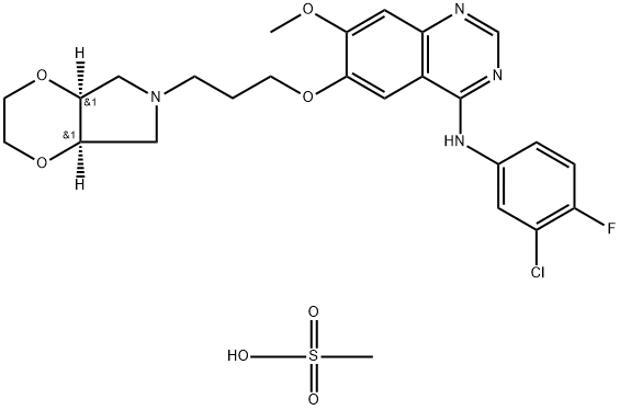 4-Quinazolinamine, N-(3-chloro-4-fluorophenyl)-6-[3-[(4aR,7aS)-hexahydro-6H-1,4-dioxino[2,3-c]pyrrol-6-yl]propoxy]-7-methoxy-, rel-, methanesulfonate, hydrate (2:4:1) 结构式