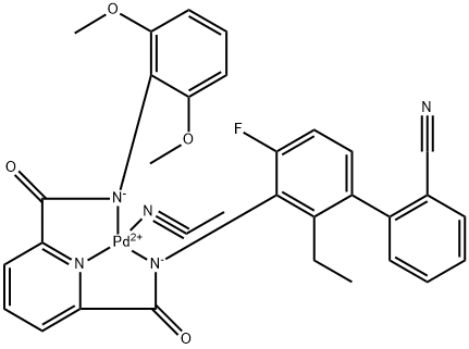 Palladium, (acetonitrile)[N2-(2'-cyano-2-ethyl-4-fluoro[1,1'-biphenyl]-3-yl)-N6-(2,6-dimethoxyphenyl)-2,6-pyridinedicarboxamidato(2-)-κN1,κN2,κN6]-, (SP-4-2)- 结构式