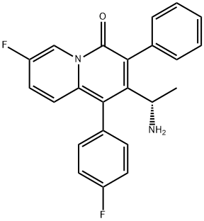 (S)-2-(1-氨基乙基)-7-氟-1-(4-氟苯基)-3-苯基-4H-喹诺嗪-4-酮 结构式