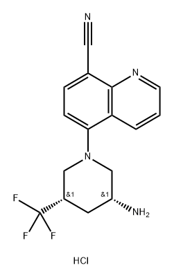 8-Quinolinecarbonitrile, 5-[(3R,5S)-3-amino-5-(trifluoromethyl)-1-piperidinyl]-, hydrochloride (1:1) 结构式