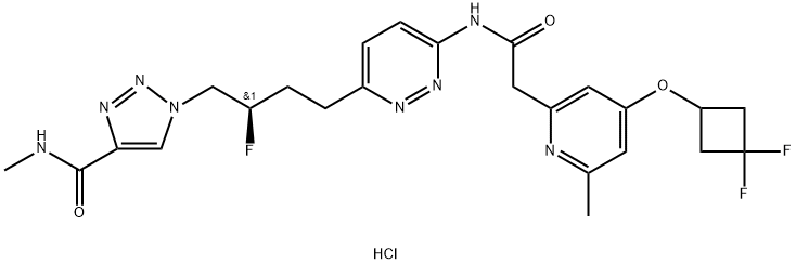 2-Pyridineacetamide, 4-[(3,3-difluorocyclobutyl)oxy]-N-[6-[(3R)-3-fluoro-4-[4-[(methylamino)carbonyl]-1H-1,2,3-triazol-1-yl]butyl]-3-pyridazinyl]-6-methyl-, hydrochloride (1:2) 结构式