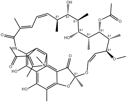 9,4-(Epoxypentadeca[1,11,13]trienimino)-1H-benzofuro[5,4-g]indole-10,26(9H)-dione, 3-acetyl-16-(acetyloxy)-5,6,18,20-tetrahydroxy-14-methoxy-1,2,7,9,15,17,19,21,25-nonamethyl-, (9S,12E,14S,15R,16S,17R,18R,19R,20S,21S,22E,24Z)- (9CI) 结构式