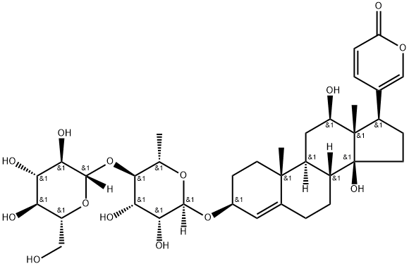 3β-[(4-O-β-D-Glucopyranosyl-6-deoxy-α-L-mannopyranosyl)oxy]-12β,14-dihydroxybufa-4,20,22-trienolide 结构式
