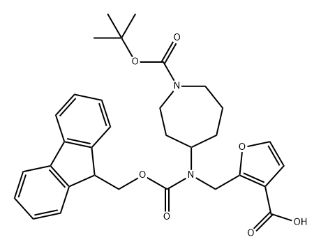 2-[({1-[(tert-butoxy)carbonyl]azepan-4-yl}({[(9H-flu
oren-9-yl)methoxy]carbonyl})amino)methyl]furan3-carboxylic acid 结构式