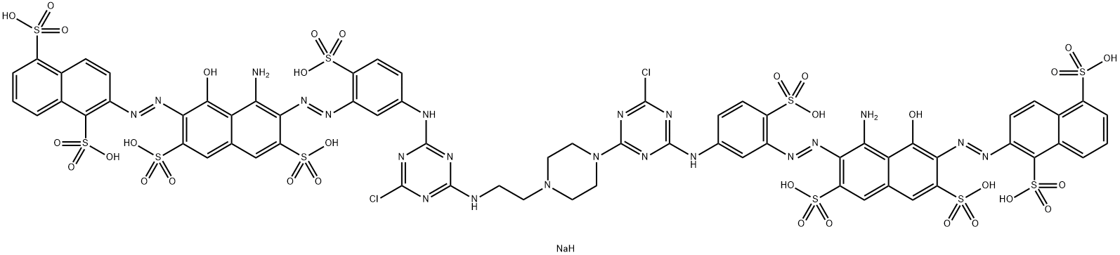 1,5-Naphthalenedisulfonic acid, 2-8-amino-7-5-4-4-2-4-3-1-amino-7-(1,5-disulfo-2-naphthalenyl)azo-8-hydroxy-3,6-disulfo-2-naphthalenylazo-4-sulfophenylamino-6-chloro-1,3,5-triazin-2-ylaminoethyl-1-piperazinyl-6-chloro-1,3,5-triazin-2-ylamino-2-sulfophenyl 结构式