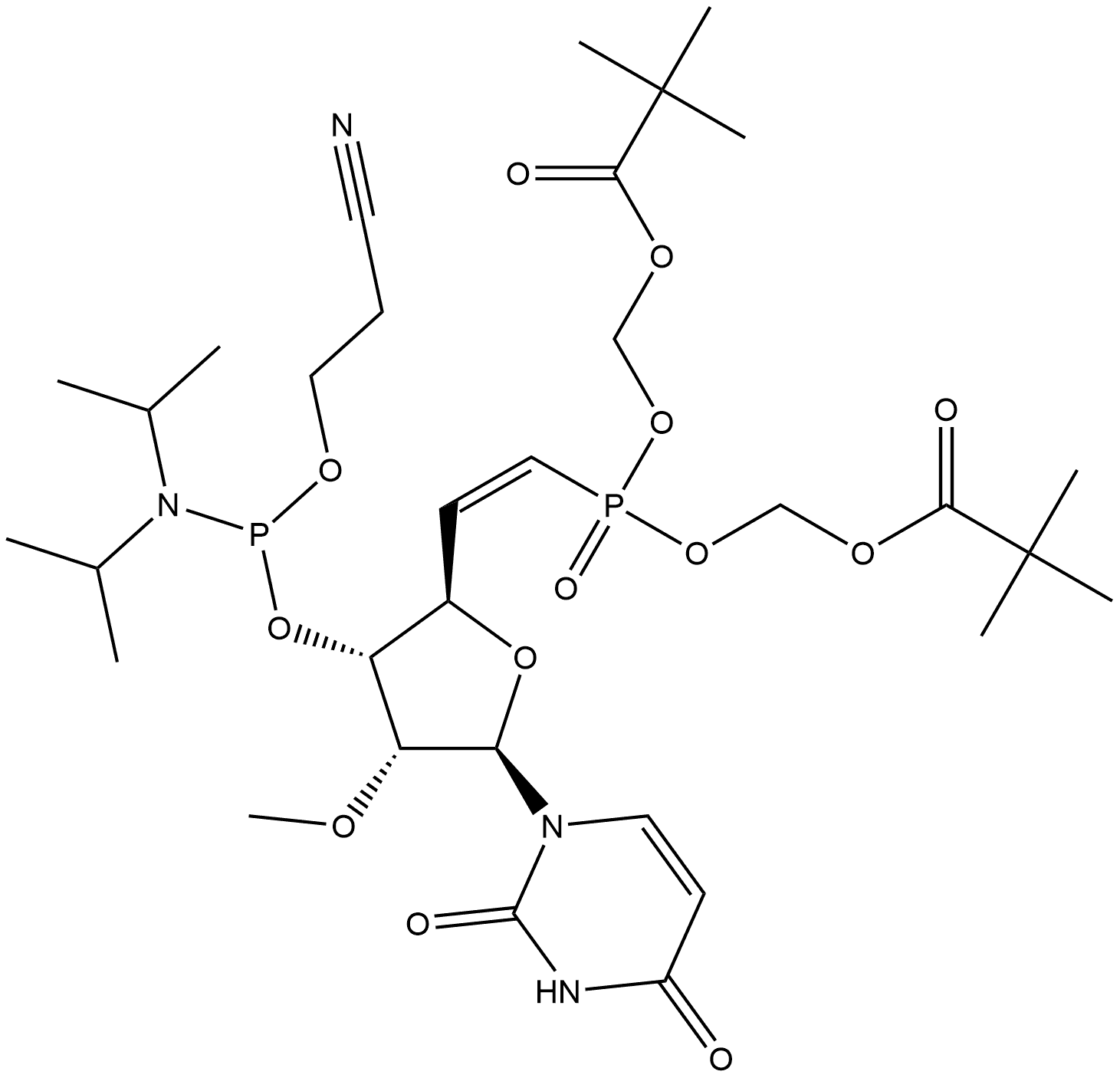 2,4(1H,3H)-Pyrimidinedione, 1-[(5Z)-6-[bis[(2,2-dimethyl-1-oxopropoxy)methoxy]phosphinyl]-3-O-[[bis(1-methylethyl)amino](2-cyanoethoxy)phosphino]-5,6-dideoxy-2-O-methyl-β-D-ribo-hex-5-enofuranosyl]- 结构式