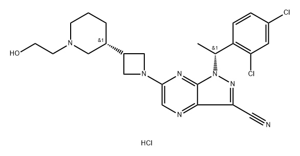 1H-Pyrazolo[3,4-b]pyrazine-3-carbonitrile, 1-[(1R)-1-(2,4-dichlorophenyl)ethyl]-6-[3-[(3R)-1-(2-hydroxyethyl)-3-piperidinyl]-1-azetidinyl]-, hydrochloride (1:) 结构式