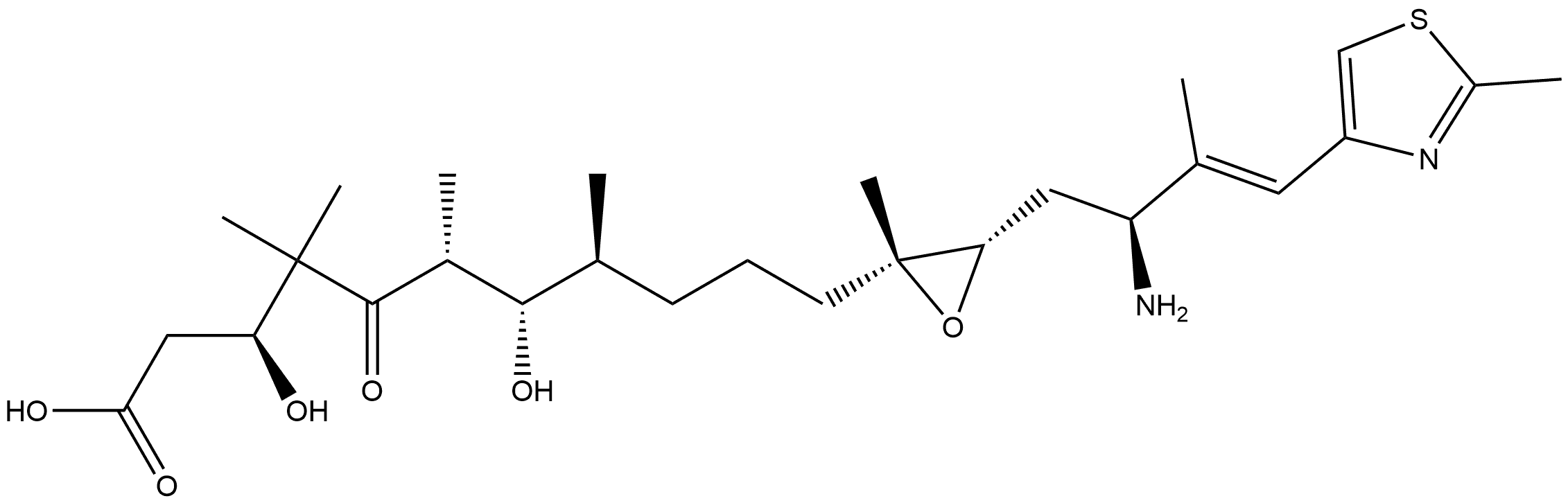2-Oxiraneundecanoic acid, 3-[(2S,3E)-2-amino-3-methyl-4-(2-methyl-4-thiazolyl)-3-buten-1-yl]-β,ζ-dihydroxy-γ,γ,ε,η,2-pentamethyl-δ-oxo-, (βS,εR,ζS,ηS,2R,3S)- 结构式