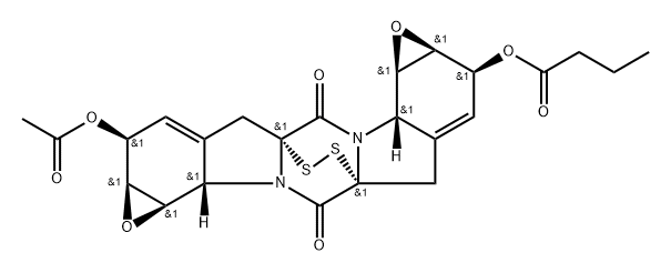 Butanoic acid, (1aS,2S,4aR,6aS,6bR,7aS,8S,10aR,12aS,12bR)-8-(acetyloxy)-1a,2,6a,6b,7a,8,12a,12b-octahydro-5,11-dioxo-5H,11H-4a,10a-epidithio-4H,10H-bisoxireno[g,g']pyrazino[1,2-a:4,5-a']diindol-2-yl ester 结构式