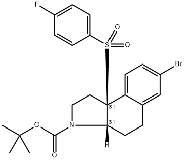 REL-(3AR,9BR)-7-溴-9B-((4-氟苯基)磺酰基)-1,2,3A,4,5,9B-六氢-3H-苯并[E]吲哚-3-羧酸叔丁酯 结构式