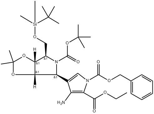 1H-Pyrrole-1,2-dicarboxylic acid, 3-amino-4-(3aS,4S,6R,6aR)-5-(1,1-dimethylethoxy)carbonyl-6-(1,1-dimethylethyl)dimethylsilyloxymethyltetrahydro-2,2-dimethyl-4H-1,3-dioxolo4,5-cpyrrol-4-yl-, 2-ethyl 1-(phenylmethyl) ester 结构式