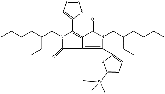 PYRROLO[3,4-C]PYRROLE-1,4-DIONE, 2,5-BIS(2-ETHYLHEXYL)-2,5-DIHYDRO-3-(2-THIENYL)-6-[5-(TRIMETHYLSTANNYL)-2-THIENYL]- 结构式