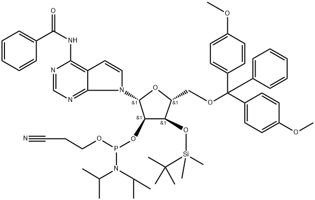 (2R,3R,4R,5R)-2-(4-苯甲酰氨基-7H-吡咯并[2,3-D]嘧啶-7-基)-5-((双(4-甲氧基苯基)(苯基)甲氧基)甲基)-4-((叔丁基二甲基硅烷基)氧基)四氢呋喃-3-基(2-氰基乙基)二异丙基磷酰胺 结构式