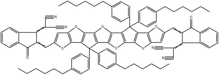 Propanedinitrile,2,2'-[[6,6,12,12-tetrakis(4-hexylphenyl)-6,12-dihydrothieno[2'',3'':4',5']thieno[3',2':4,5]cyclopenta[1,2-b]thieno[2''',3''Chemicalbook':4'',5'']thieno[2'',3'':3',4']cyclopenta[1',2':4,5]thieno[2,3-d]thiophene-2,8-diyl]bis[methylidyne(3-oxo-1H-indene-2,1(3H)-diylidene)]]bis- 结构式