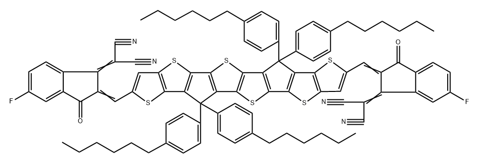 2-[2-[[8-[[1-(二氰亚甲基)-5-氟-1,3-二氢-3-氧代-2H-茚-2-亚基]甲基]-6,6,12,12-四(4-己基苯基)-6,12-二氢噻吩并[2′′,3′′:4′,5′]噻吩并[3′,2′:4,5]环戊[1,2-B]噻吩并[2 ''',3''':4'',5'']噻吩并[2'',3'':3',4']环戊二烯[1',2':4,5]噻吩并[2,3 -D]噻吩-2-基]亚甲基]-6-氟-2,3-二氢-3-氧代-1H-茚-1-亚基]丙二腈 结构式