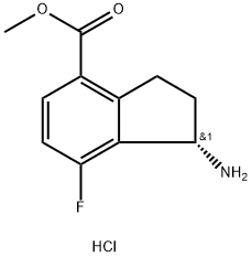 1H-Indene-4-carboxylic acid, 1-amino-7-fluoro-2,3-dihydro-, methyl ester, hydrochloride (1:1), (1S)- 结构式