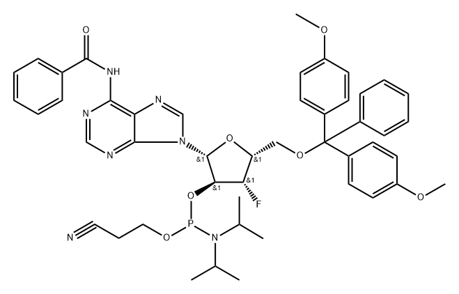 N6-Benzoyl-9-(2'-deoxy-5'-O-DMT-2'-fluoro-b-D-arabinofuranosyl)adenine 3'-CE phosphoramidite 结构式