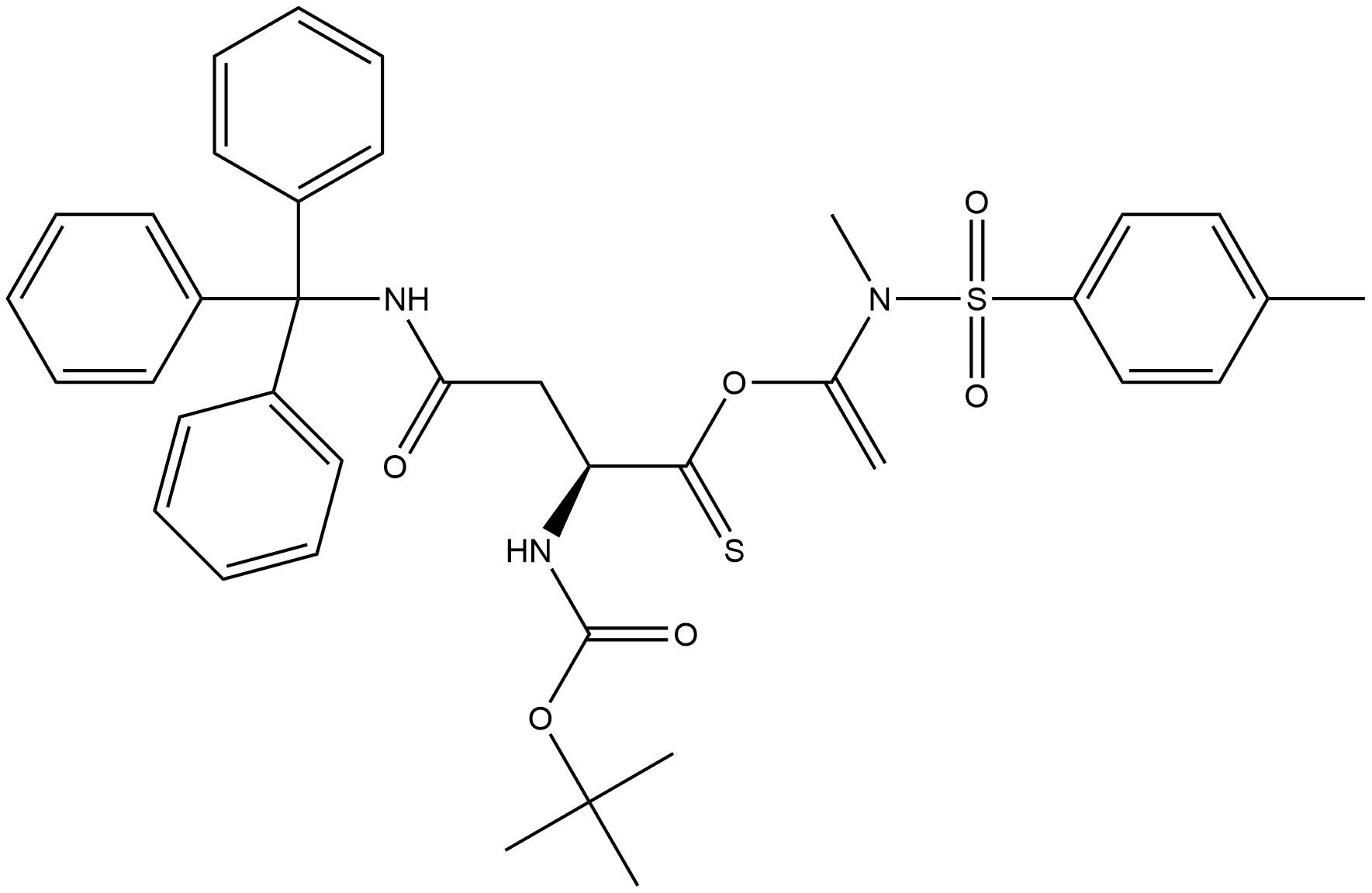 L-Asparagine, N2-[(1,1-dimethylethoxy)carbonyl]-N-(triphenylmethyl)-, 1-[methyl[(4-methylphenyl)sulfonyl]amino]ethenyl ester, (2S)- 结构式