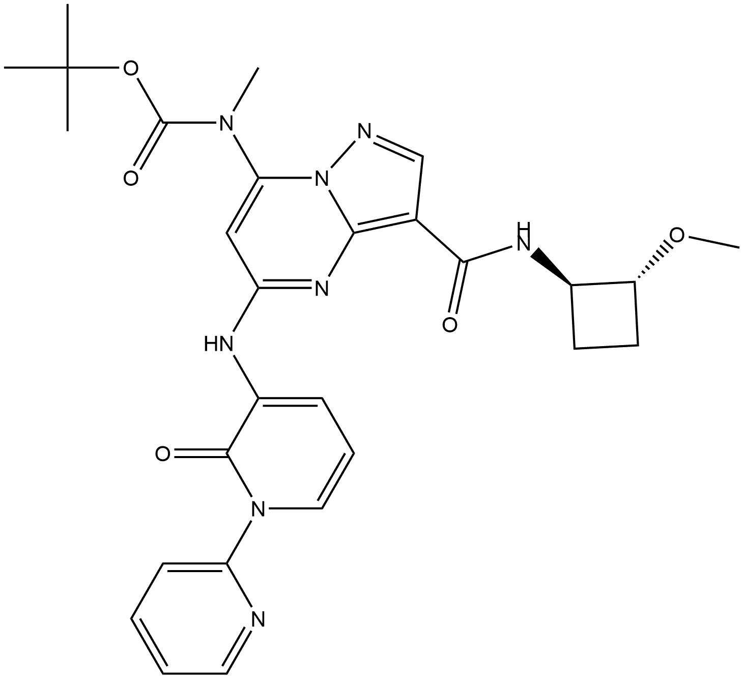rel-1,1-Dimethylethyl N-[3-[[[(1R,2R)-2-methoxycyclobutyl]amino]carbonyl]-5-[(2-oxo[1(6H),2′-bipyridin]-3-yl)amino]pyrazolo[1,5-a]pyrimidin-7-yl]-N-methylcarbamate 结构式