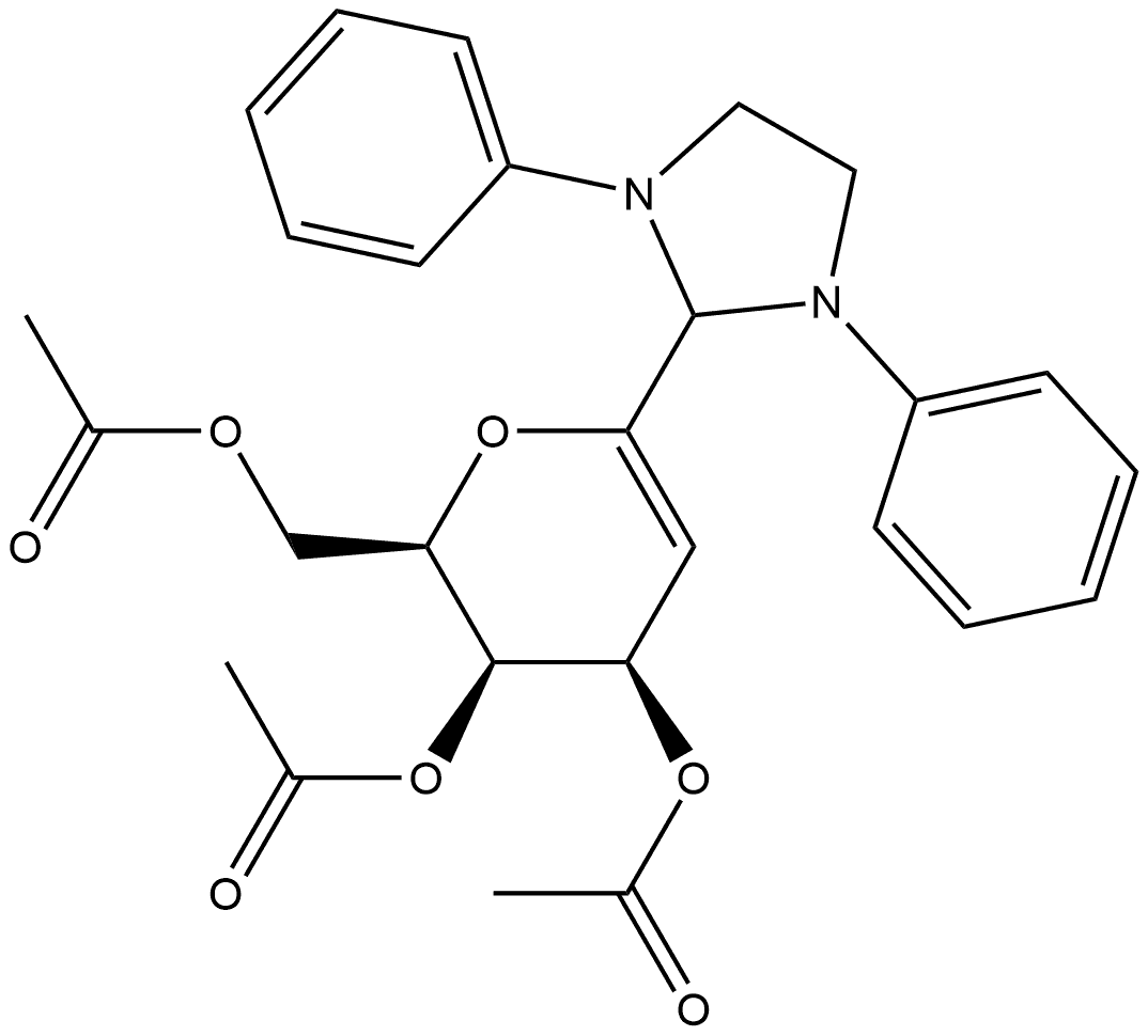 D-arabino-Hex-5-enitol, 2,6-anhydro-5-deoxy-6-C-(1,3-diphenyl-2-imidazolidinyl)-, 1,3,4-triacetate 结构式