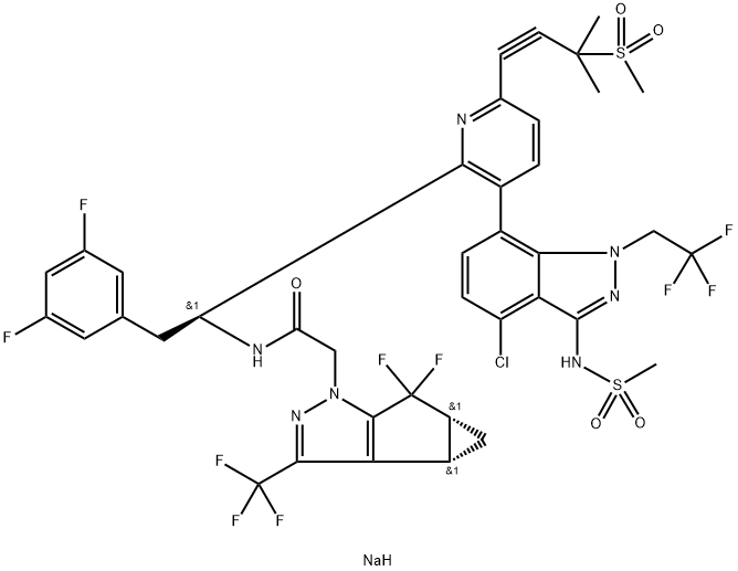 1H-Cyclopropa[3,4]cyclopenta[1,2-c]pyrazole-1-acetamide, N-[(1S)-1-[3-[4-chloro-3-[(methylsulfonyl)amino]-1-(2,2,2-trifluoroethyl)-1H-indazol-7-yl]-6-[3-methyl-3-(methylsulfonyl)-1-butyn-1-yl]-2-pyridinyl]-2-(3,5-difluorophenyl)ethyl]-5,5-difluoro-3b,4,4a,5-tetrahydro-3-(trifluoromethyl)-, sodium salt (1:1), (3bS,4aR)- 结构式