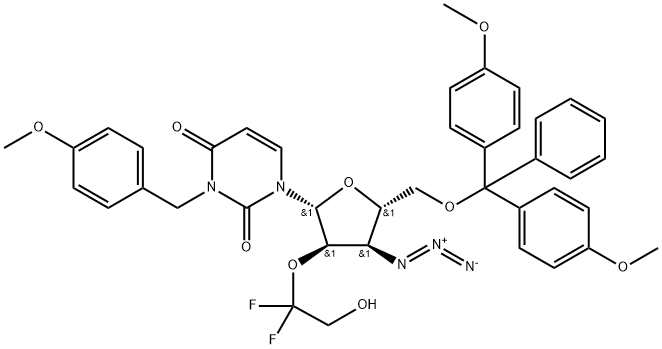 Uridine, 3'-?azido-?5'-?O-?[bis(4-?methoxyphenyl)?phenylmethyl]?-?3'-?deoxy-?2'-?O-?(1,?1-?difluoro-?2-?hydroxyethyl)?-?3-?[(4-?methoxyphenyl)?methyl]?- 结构式