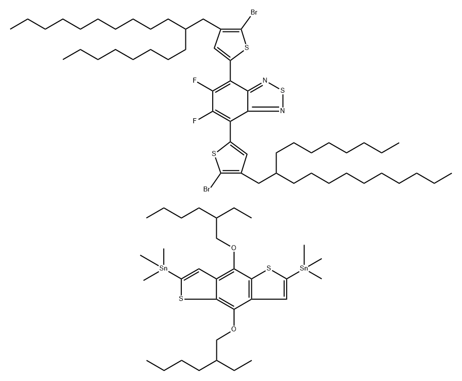 2,1,3-BENZOTHIADIAZOLE, 4,7-BIS[5-BROMO-4-(2-OCTYLDODECYL)-2-THIENYL]-5,6-DIFLUORO-, POLYMER WITH 1,1'-[4,8-BIS[(2-ETHYLHEXYL)OXY]BENZO[1,2-B:4,5-B']DITHIOPHENE-2,6-DIYL]BIS[1,1,1-TRIMETHYLSTANNANE 结构式