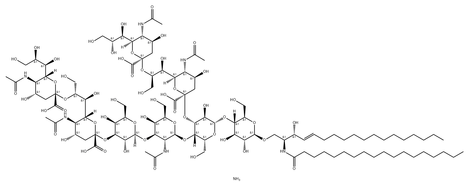 Octadecanamide, N-[(1S,2R,3E)-1-[[[O-(N-acetyl-α-neuraminosyl)-(2→8)-O-(N-acetyl-α-neuraminosyl)-(2→3)-O-β-D-galactopyranosyl-(1→3)-O-2-(acetylamino)-2-deoxy-β-D-galactopyranosyl-(1→4)-O-[O-(N-acetyl-α-neuraminosyl)-(2→8)-N-acetyl-α-neuraminosyl-(2→3)]-O-β-D-galactopyranosyl-(1→4)-β-D-glucopyranosyl]oxy]methyl]-2-hydroxy-3-heptadecen-1-yl]-, ammonium salt (1:4) 结构式