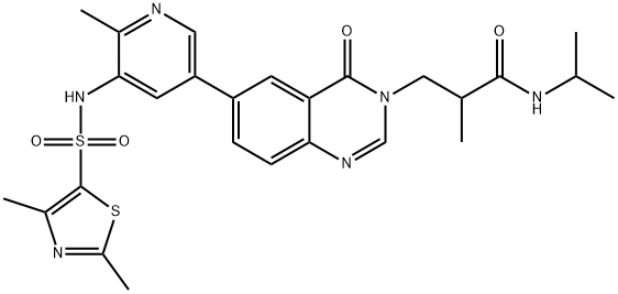 3-(6-(5-((2,4-dimethylthiazole)-5-sulfonamido)-6-methylpyridin-3-yl)-4-oxoquinazolin-3(4H)-yl)-N,2-dimethylpropanamide 结构式